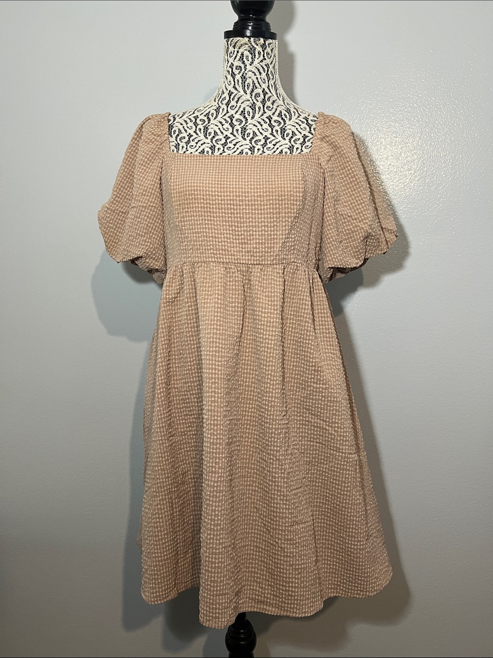 Square Neck Puff Sleeve Midi Dress in Beige